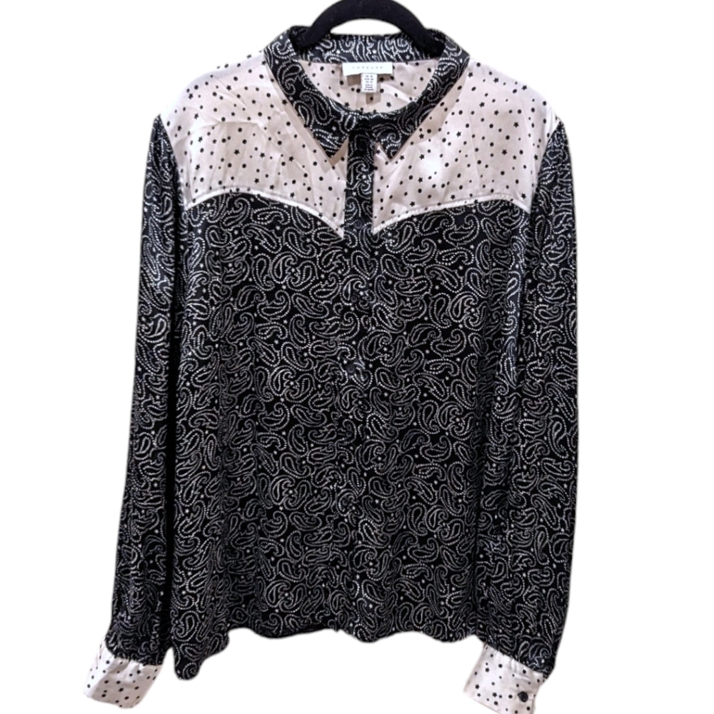Topshop Silky Black & White Mixed Print Western Cowgirl Plus Size Shirt (14)